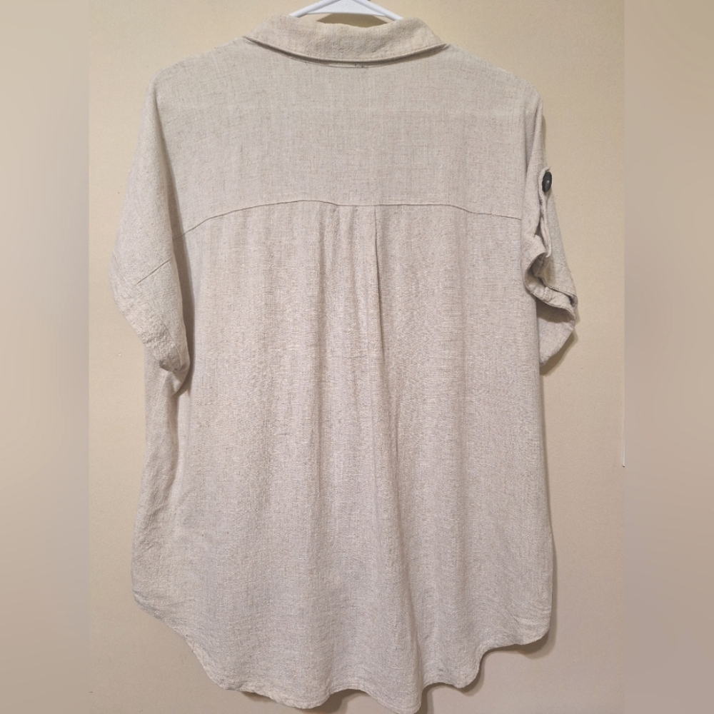 NWOT Femme Medium linen blend cap sleeve button up front tie knot beige shirt - Picture 6 of 7